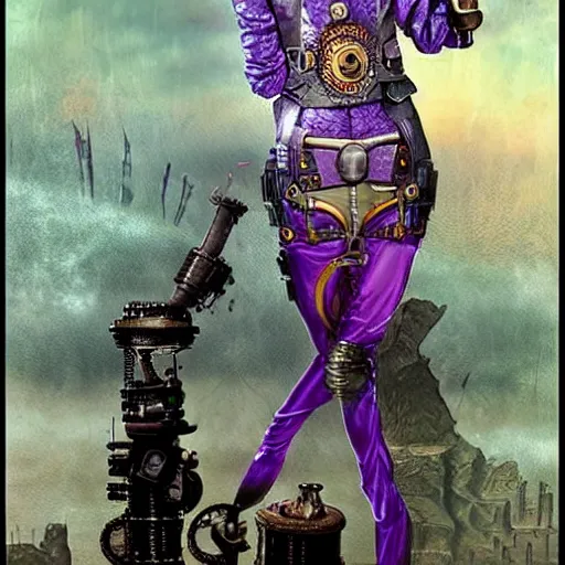 Prompt: steampunk android that emits purple fog, art by howard david johnson