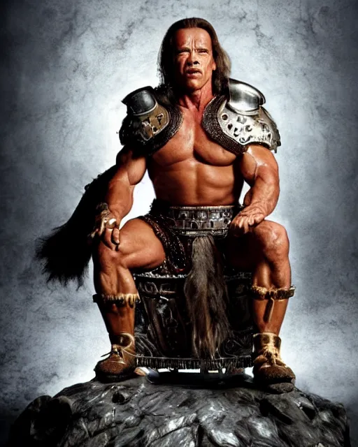 Image similar to arnold schwarzenegger as king conan, directed by john millius, photorealistic, sitting on a metal throne, wearing ancient cimmerian armor, a battle axe to his side, cinematic photoshoot in the style of annie leibovitz, studio lighting