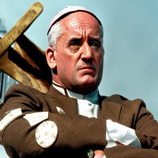 Image similar to movie frame, movie still, movie advertisement poster, the pope in the main role in saving private james ryan