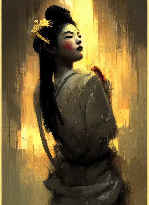 Image similar to female geisha girl, beautiful face, neon, rule of thirds, intricate outfit, spotlight, by greg rutkowski, by jeremy mann, digital painting