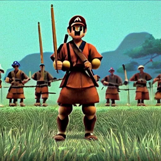 Image similar to a still of seven samurai, 1 9 9 6 super mario 6 4 graphics nintendo 6 4 visuals aesthetic