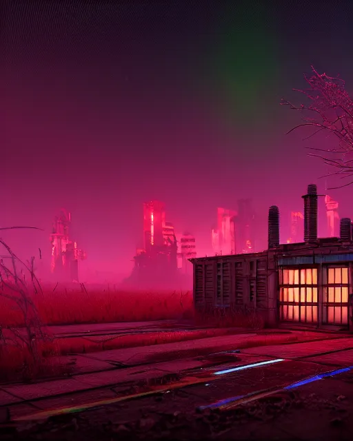 Image similar to a beautiful photorealistic rendering of urbex storage building city industrial architecture nature abandoned by beeple, azeroth neon noir nightvision lightpaint synthwave tron landscape at night thermal imaging darkacademia infrared meadow bladerunner 2 0 4 9 biopunk, archdaily, wallpaper, highly detailed, trending on artstation.