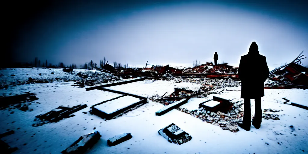 Prompt: a lone man standing amidst the rubble of a snowy forgotten world, peaceful, depressing, dark, melancholy, 8k