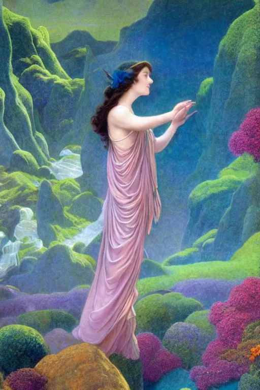 Image similar to a beautiful fairy wearing a silk gown, in a lord of the rings scenery landscape, rainbowshift, by maxfield parrish, artgerm