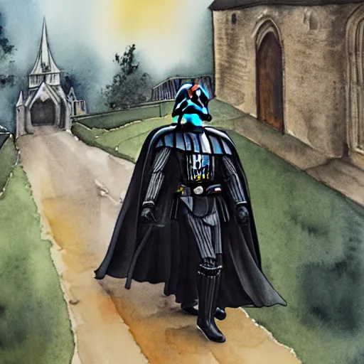 Prompt: a watercolor painting of darth vader leaving a medieval church in a a quaint english village