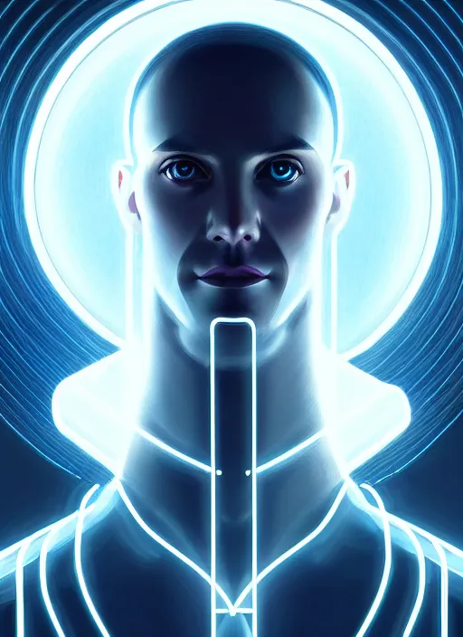 Image similar to portrait of nikola tesla cyber humanoid, intricate, elegant, cyber neon lights, highly detailed, digital painting, artstation, glamor pose, concept art, smooth, sharp focus, illustration, art by artgerm and greg rutkowski