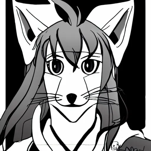 Image similar to close up of a male anthropomorphic fox furry with long hair, in the style of JoJo’s Bizarre Adventure, key manga ink line art