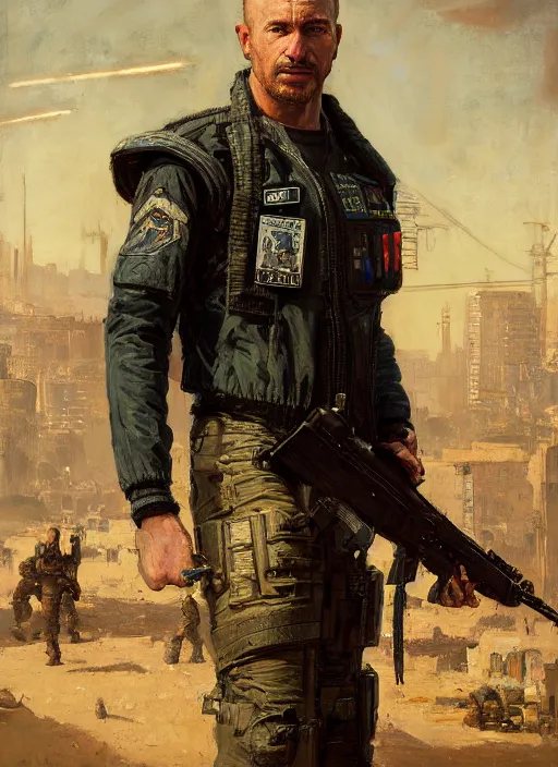 Image similar to bob stubbins. cyberpunk USN marine wearing a military vest and combat gear. (Cyberpunk 2077, bladerunner 2049, rb6s). Round face. Iranian orientalist portrait by john william waterhouse and Edwin Longsden Long and Theodore Ralli and Nasreddine Dinet, oil on canvas. Cinematic, hyper realism, realistic proportions, dramatic lighting, high detail 4k