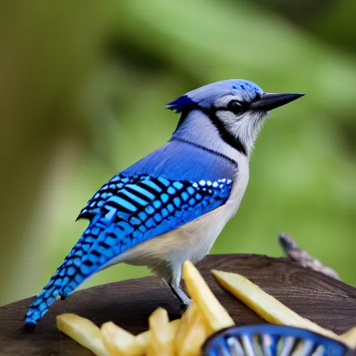 Prompt: bluejay eating french fries