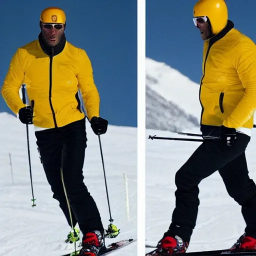 Image similar to jason statham skiing, full body shot, finely detailed