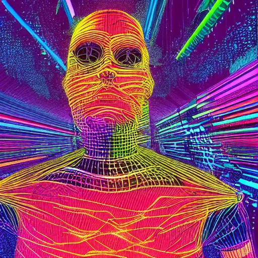 Image similar to photo of a black tshirt with a hyperdetailed portrait of a futuristic trippy cyberpunk meditating robot, 8 k, symetrical, flourescent colors, multicolored tshirt art,
