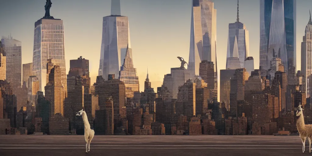 Prompt: a llama walking away towards a desolate manhattan city street at night, statue of liberty seen in the background, realistic 4 k octane beautifully detailed render, 4 k post - processing, highly detailed, detailed face, intricate complexity, epic composition, magical atmosphere, cinematic lighting, masterpiece, color picture, ultra hd