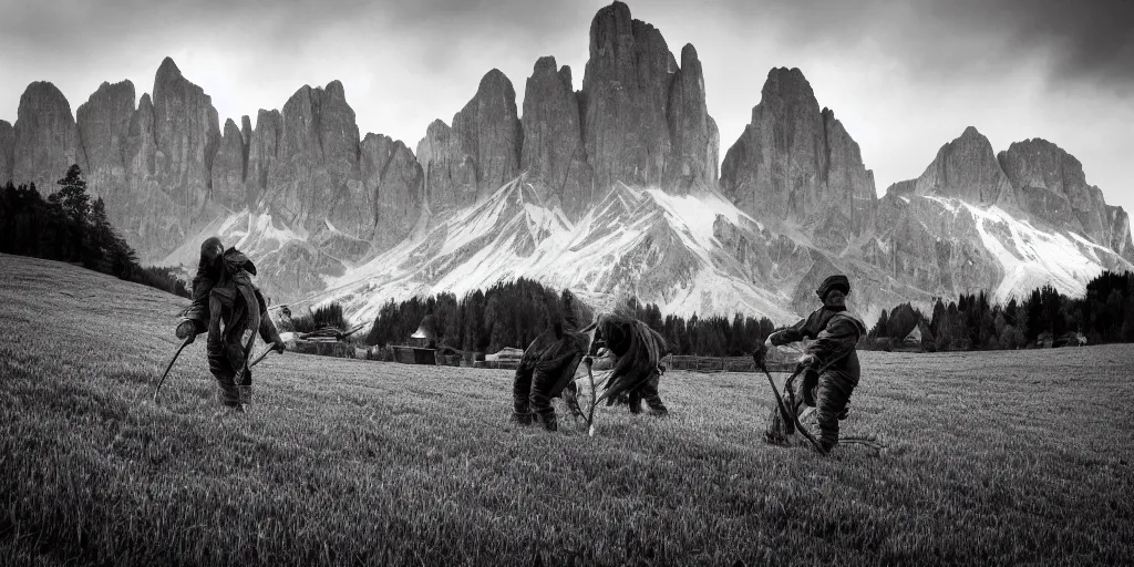 Prompt: alpine farmers turning into hay and root monsters, old pastures, dolomites in background, dark, eerie, despair, portrait photography, artstation, highly detailed, sharp focus, by cronneberg