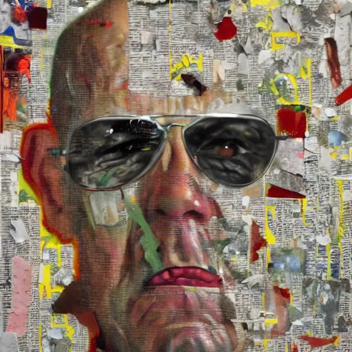 Image similar to hyperrealistic, photorealistic, mixed media oil painting of hunter s. thompson, magazine scraps, plaster, oil, splatter, greg rutkowski