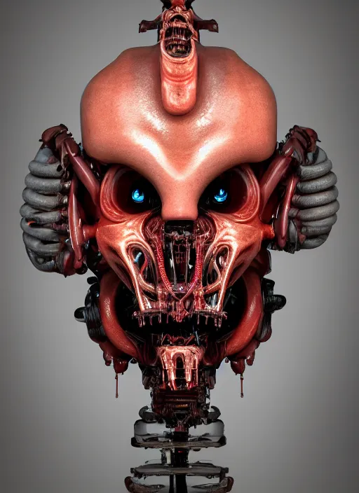 Image similar to a portrait up of a creepy looking biomechanical demon head, gigeresque cyberpunk art by ikuo hirayama, photorealism, octane render, behance hd, polycount, glowing fire background