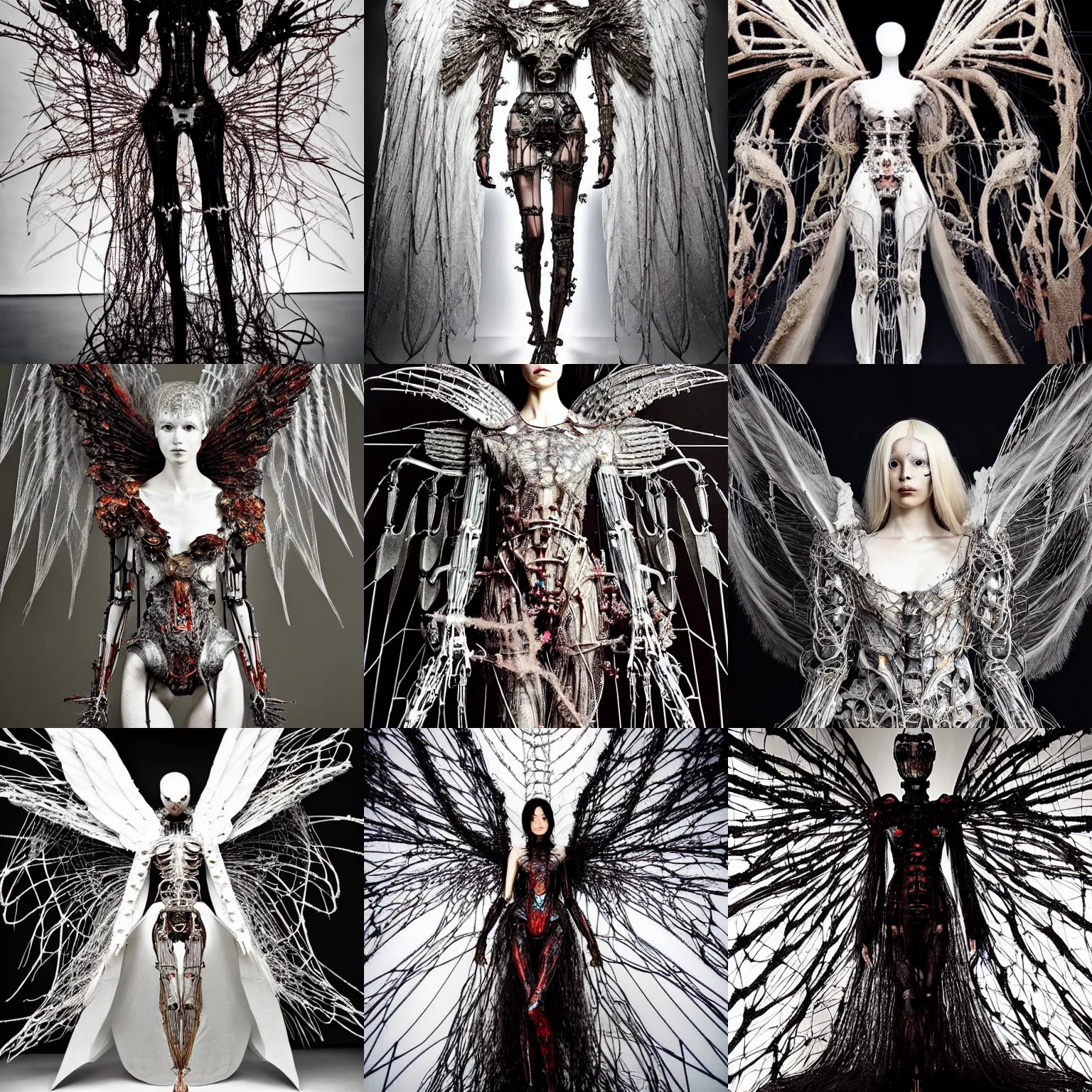 Prompt: archangel covered in mycelium by chiharu shiota, haute couture angel editorial by giger, biocybernetic biomechanical gynoid with metal couture wings by klimt