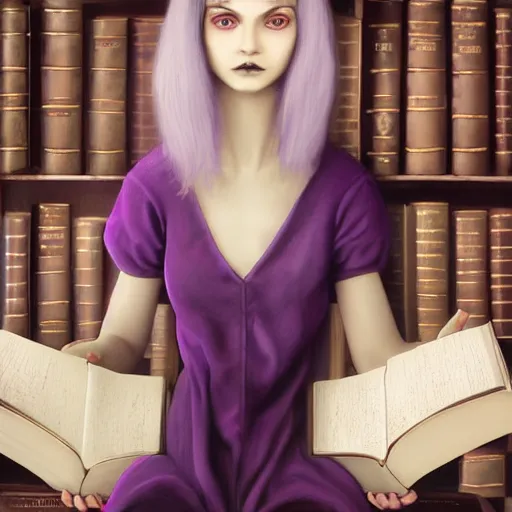 Prompt: 1 7 - year - old pale - skinned persian goth girl, black hair, long bob hair, purple coat, psychic girl, old library, gloomy library, hogwarts library, ultra - realistic, sharp details, subsurface scattering, intricate details, cold lighting, highly detailed, photorealistic, octane render, 8 k unreal engine, art by artgerm