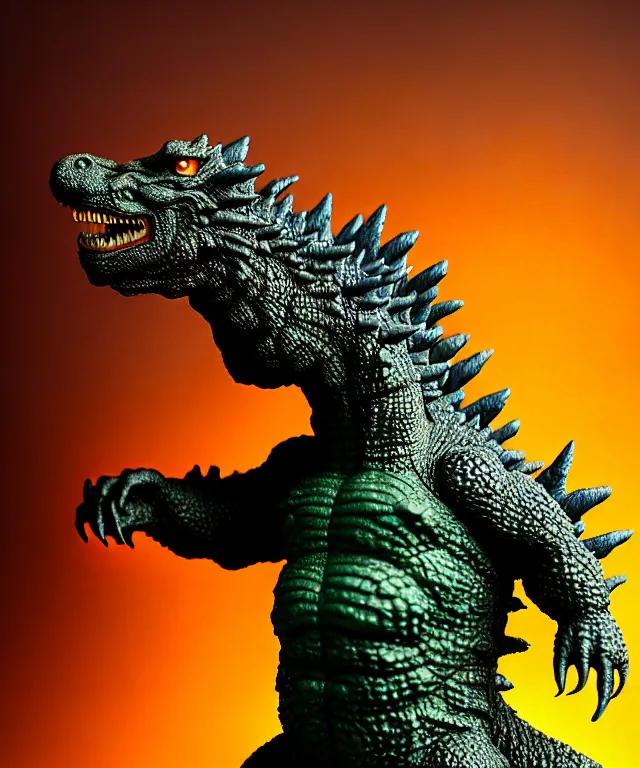 Image similar to hyperrealistic rendering, godzilla by art of skinner and richard corben and jeff easley, product photography, action figure, sofubi, studio lighting, colored gels