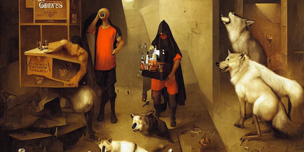 Image similar to young man in orange t - shirt hides his face behind box of guinness beer, two wolves on either of his sides by hieronymus bosch, greg rutkowski, anna podedworna