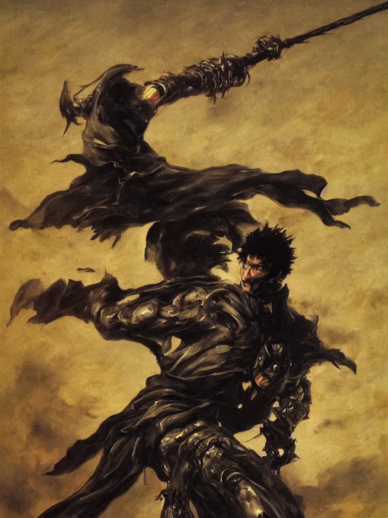 Prompt: the black swordsman guts from berserk painted by francisco de goya, oil painting, romanticism painting, highly detailed, 4 k