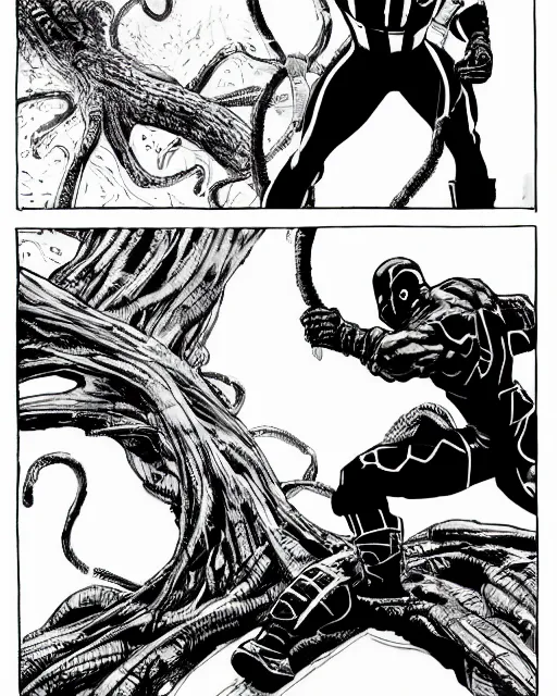 Image similar to black and white captain america defends himself with a shield against the sword of a giant tree monster with wires and tentacles in the cuberpunk forest, by tsutomu nihei, black and white