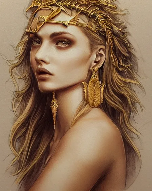 Image similar to tattoo sketch of beautiful super model aphrodite greek goddess wearing a gold laurel wreath and triangle earrings,, beautiful piercing gaze with sharp pupils, beautiful blonde hair, in the style of greg rutkowski, fantasy, amazing detail, epic, elegant, smooth, sharp focus, front view