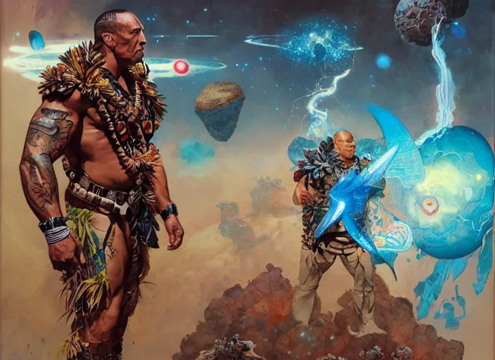 Image similar to the rock as a hawaiian warrior surrounded by intergalactic planets connected by streams of magical flow, sigma male, gigachad, visually stunning, luxurious, by james jean, jakub rebelka, tran nguyen, peter mohrbacher, yoann lossel, wadim kashin