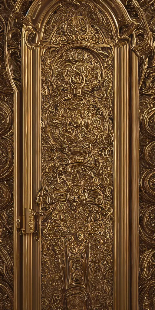 Prompt: an antique golden door with angelpunk style carvings, esoteric metalic design, dreamy, 8k, extreme detail, photorealistic, volumetric light, octane render, unreal engine, 16:9, ray tracing