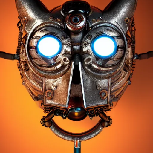 Image similar to steampunk tribal mask, robot, owl, oni, japanese pottery, vivid colors, wood, metal, intricate details, trending on cgsociety, concept art, glowing eyes, sharp focus, ultra realistic details, cinematic atmosphere, global illumination, shadows, octane render, 8 k