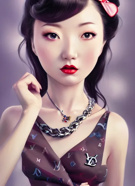 Image similar to a pin up and beautiful fashion dreamlke japan girl with lv jewelry, character art, art by artgerm, wlop, loish, hyperdetailed, 8 k realistic, symmetrical, global illumination, radiant light, frostbite 3 engine, cryengine, dof, trending on artstation, digital art, chanel, dior, detailed background