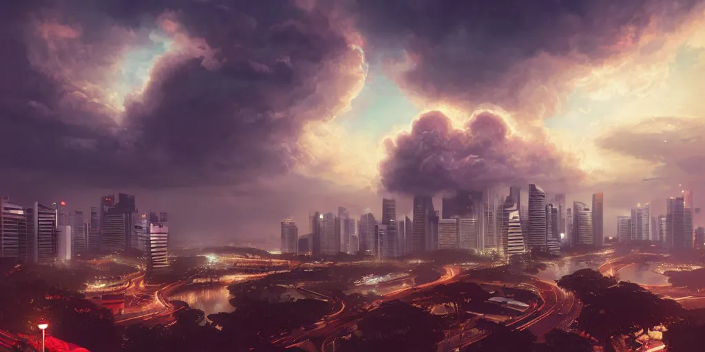 Image similar to Singapore city with a (lion-shaped cloud) in the sky, by greg rutkowski, red and white lighting, digital art, ultra realistic, ultra detailed, photorealistic, 4k, character concept