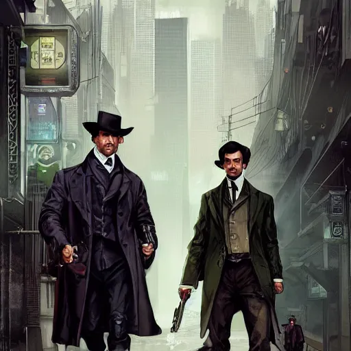 Prompt: [UHD Sherlock Holmes and Watson as GTA characters on the streets of futuristic cyberpunk London, correct faces, intricate, elegant, graphic detail, digital painting, trending on artstation, concept art, tonalism, sharp focus, illustration, art by Miguel Vasquez and Greg Rutkowski and Alphonse Mucha]