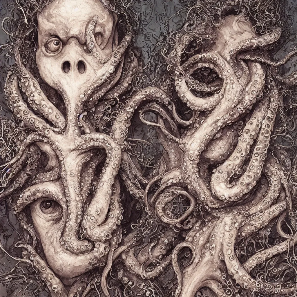 Image similar to beautiful and exotic octopus head bust portrait, glowering judging eyes, art nouveau declotage, perfect symmetrical facial features, hyperrrealistic bone structure, extremely hyperdetailed, mixed media painting, unreal engine, 8 k, octane, 8 mm, by travis charest, rodney matthews and chris achilleos
