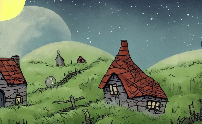 Image similar to a witch's cottage on a lonely hill against a giant moon, color ink, storybook, gouache, flat, concept art, lush