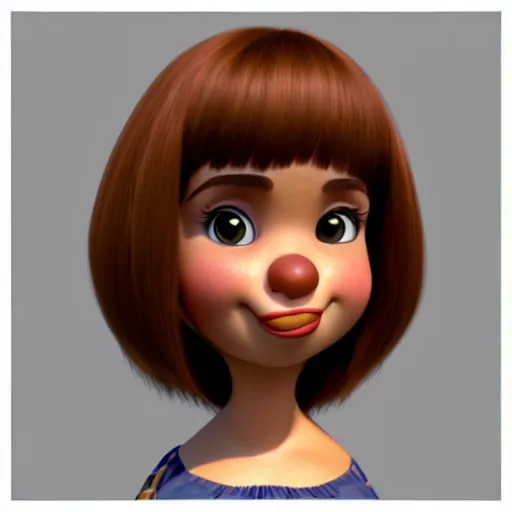 Image similar to A portrait of a full figured woman, a cute 3d cgi toon woman with brown hair in a Bob, brown eyes, full face, olive skin, romanian heritage, medium shot, mid-shot, hyperdetailed, 8k, trending on artstation, as a Pixar character
