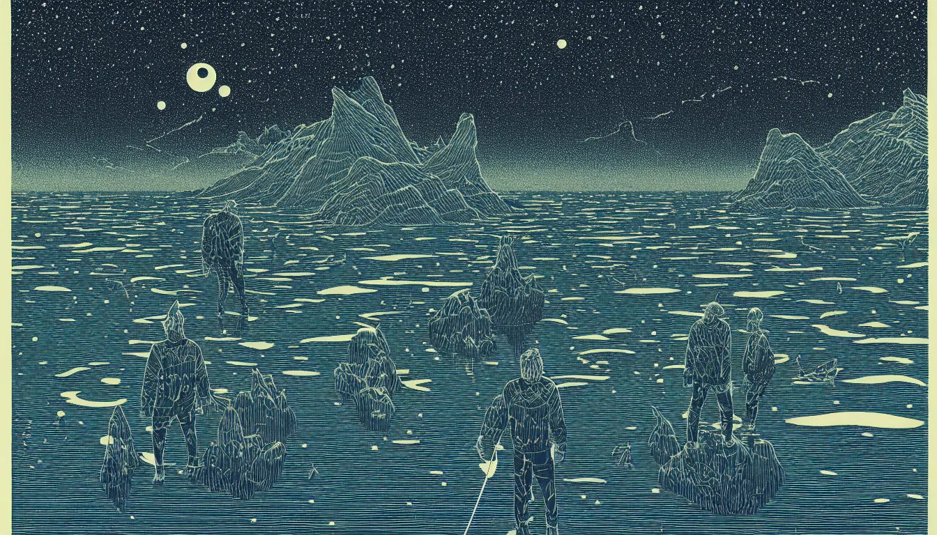 Image similar to standing in a lake looking at reflection of the night sky by woodblock print, nicolas delort, moebius, victo ngai, josan gonzalez, kilian eng