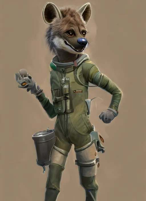 Image similar to oil painting detailed full body of anthromorphic female hyena, in style of zootopia, zootopia, zootopia, fursona, furry, furaffinity, 4 k, deviantart, furry art, fursona art, wearing astronaut outfit, in style of zootopia, hyena fursona, cyberpunk, female, detailed feminine face,