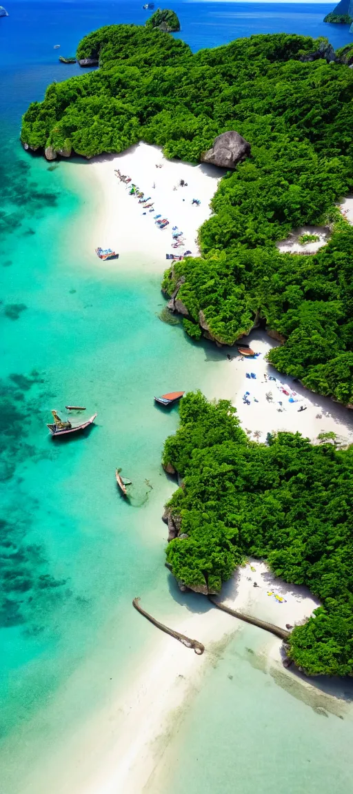 Image similar to koh samui koh krabi crystal clear blue water white sandy beach, 8 k wallpaper, high viewpoint, beautiful lighting, dslr