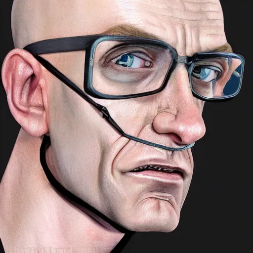 Image similar to A middle-aged Dr. Venture in real life with a hooked nose, a long gaunt face and skinny body and neck, very thin and bald, realistic, very realistic, hyperrealistic, highly detailed, very detailed, extremely detailed, detailed, digital art, oil painting, trending on artstation, headshot and bodyshot, detailed face, very detailed face, extremely detailed face, HD Quality, 8k resolution, very very detailed face, real life