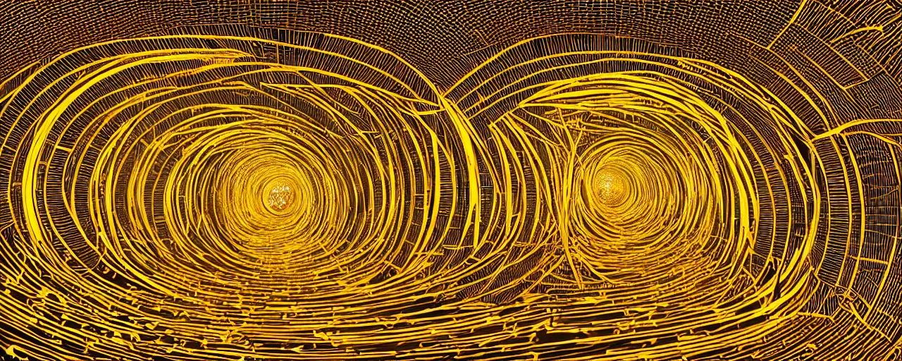 Image similar to vivid illustration of a person choosing between tunnels with groups of people inside, within a highly intricate torus with detailed golden ornamentation and golden light, choosing between pathways