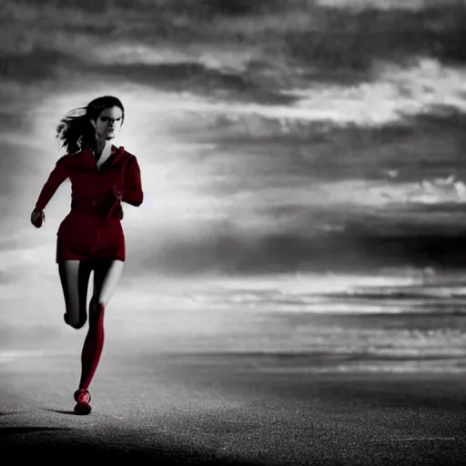 Prompt: A woman running, still from Sin City, red colour highlights