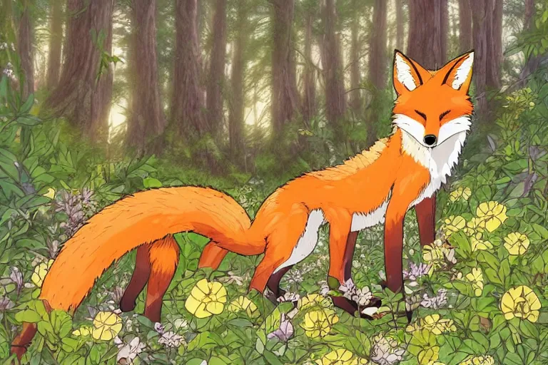 Prompt: a beautiful fox in the forest covered in flowers, sunlight beaming down, studio ghibli style, soft fur, two pointed ears, long tail, high octane filter, beautiful lighting, wildlife, feral, detailed anime artwork