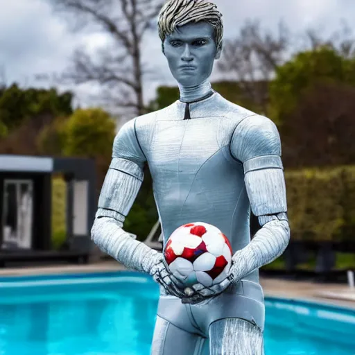 Image similar to a realistic detailed photo of a guy who is an attractive humanoid who is half robot and half humanoid, who is a male android, soccer player martin ødegaard, shiny skin, posing like a statue, blank stare, by the pool, on display, showing off his muscles, humanoid robot, frozen ice statue