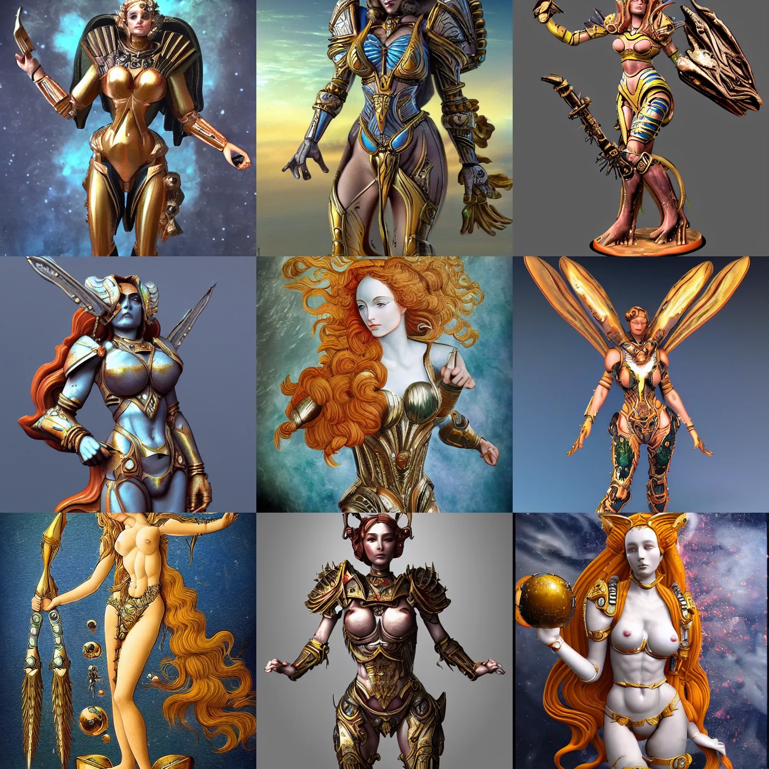 Image similar to venus goddess in ancient alien planet sci-fi armor, in the style of sandro botticelli, stylized, highly detailed, trending on artstation, award winning, painted warhammer miniature