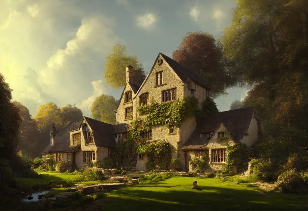 Prompt: a small tudor country house on a hillside with a gravel path and small fishpond, cinematic view, blue sky, detailed, concept art, high angle, high detail, warm lighting, volumetric, godrays, vivid, trending on artstation, by jordan grimmer, art greg rutkowski