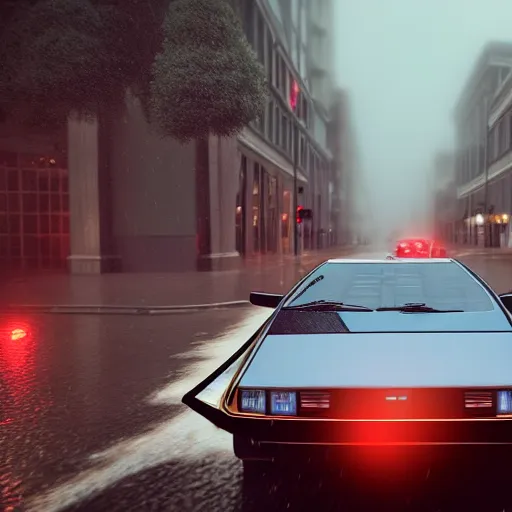 Image similar to hyperdetailed, photorealistic photograph of a dmc 1 2 delorean driving in the streets, rain, night, dense fog, hd, unreal engine 5