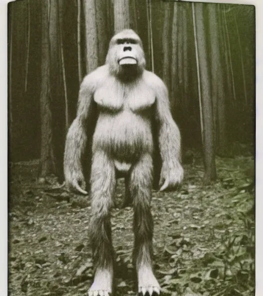 Prompt: photograph of bigfoot captured in forest on polaroid camera, signed by bigfoot in sharpie