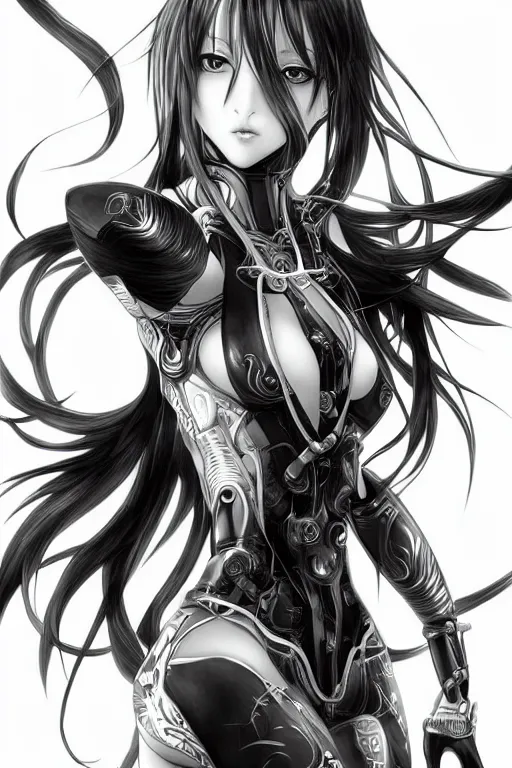 Image similar to a vertical portrait of a character in a scenic environment, black and white, dreamy, cybernetic suit, long straight black hair, highly detailed, by Yoshitaka Amano