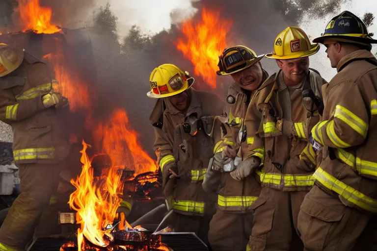 Image similar to closeup potrait firefighters having a barbecue in front of a house fire, natural light, sharp, detailed face, magazine, press, photo, Steve McCurry, David Lazar, Canon, Nikon, focus