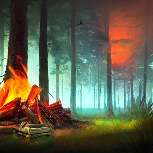 Image similar to a campfire in a surreal world, 8k resolution concept art hyperdetailed trending on Artstation Unreal Engine ominous photorealistic sunshine rays colourful beautiful bokeh ambient occlusion, dynamic lighting, stunning visuals, creative, concept art, trending on art station, ultra detailed